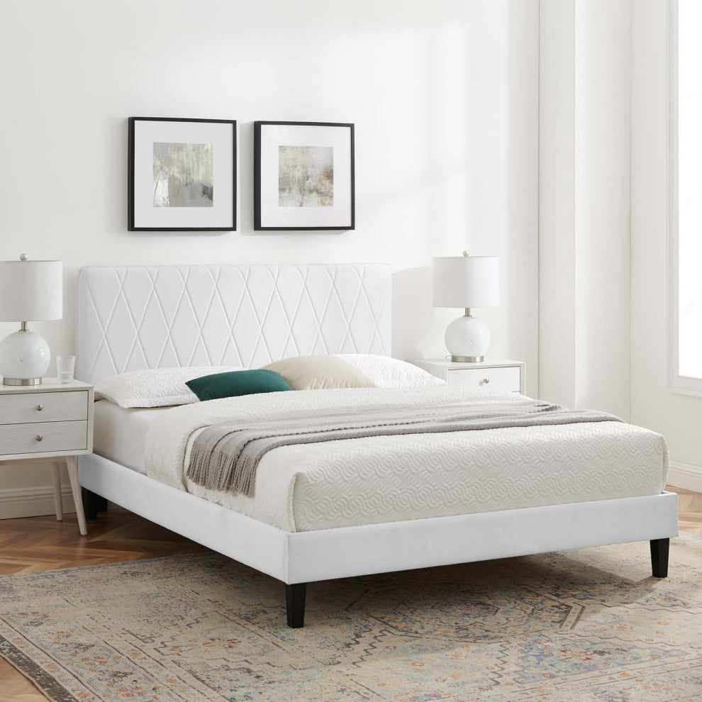 Platform Bed Frame, King Size, Velvet, White, Modern Contemporary, Bedroom