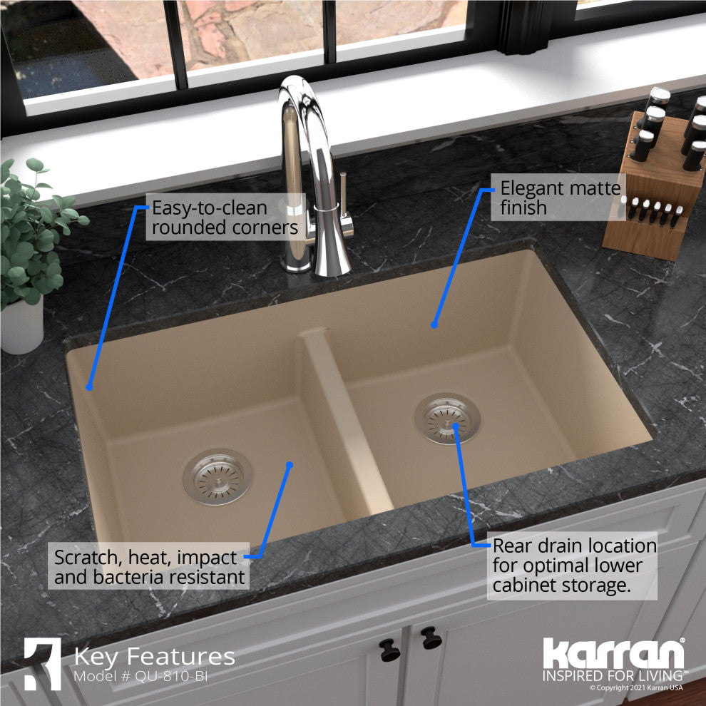 Karran 32" Undermount Double Bowl 50/50 Quartz Kitchen Sink Kit, Bisque