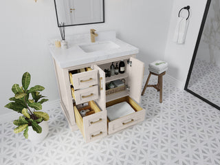 Boston 36" Right Offset Bath Vanity in Fine Grain 2" Calacatta Gold