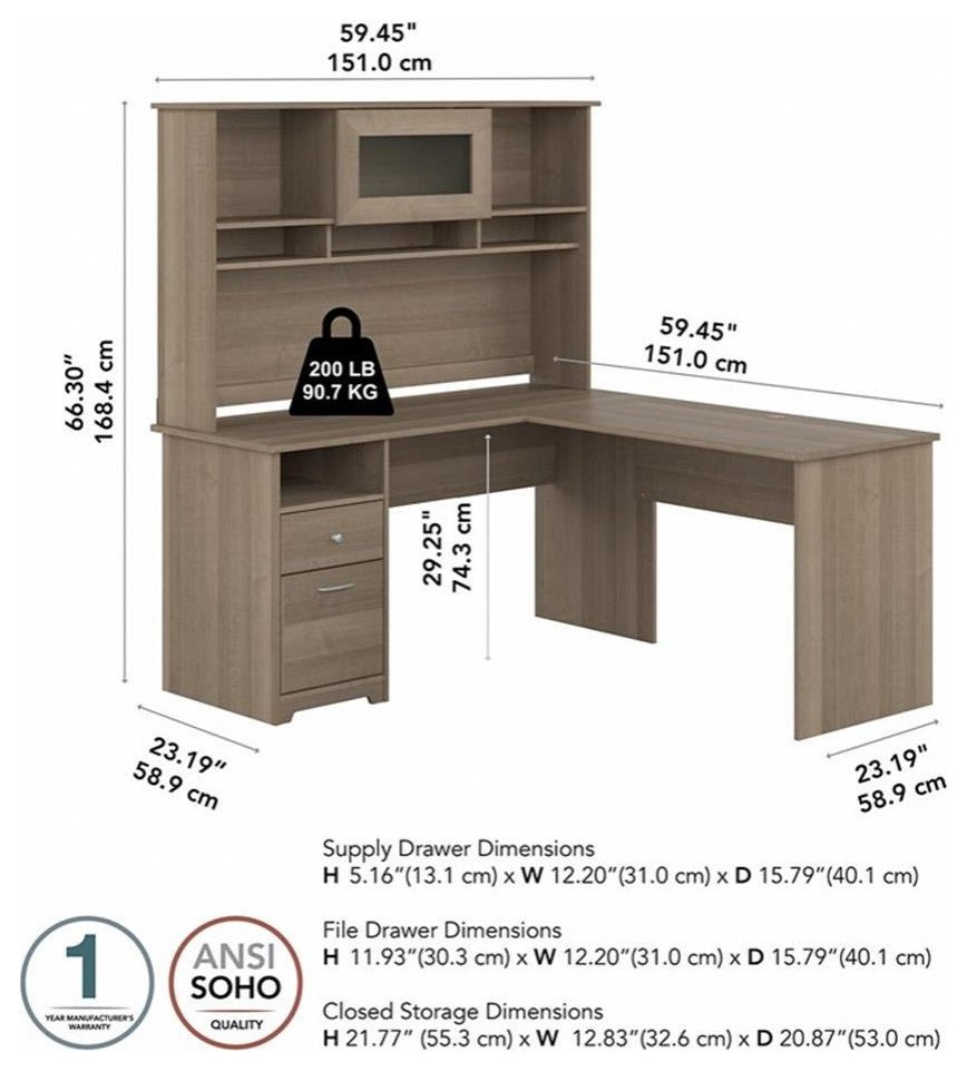 Cabot 60W L Shaped Computer Desk with Hutch in Ash Gray - Engineered Wood