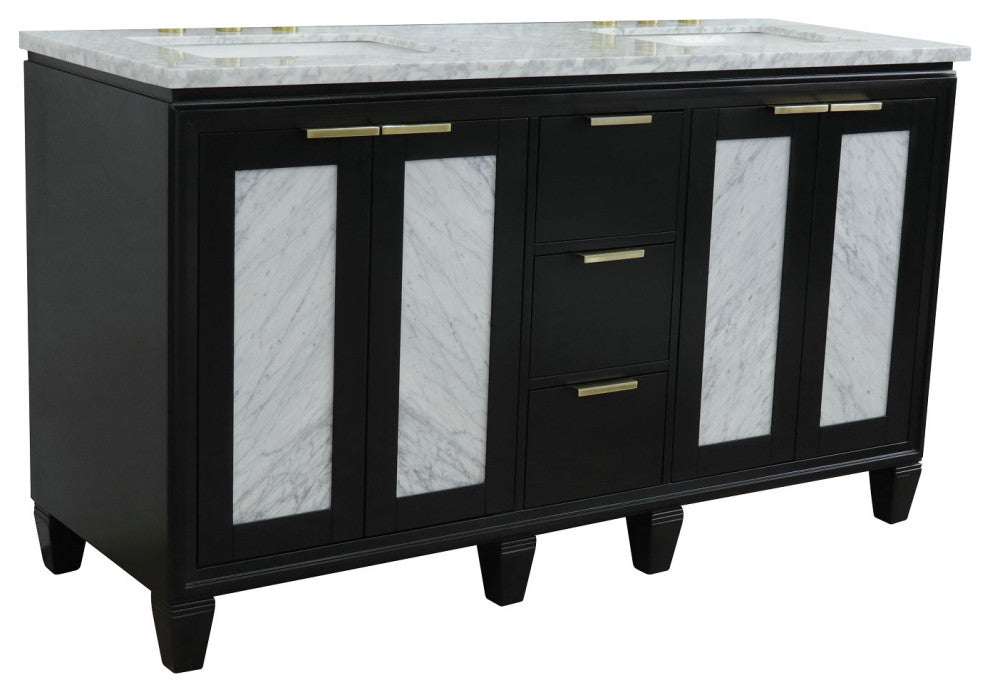 61" Double Sink Vanity, Black Finish With White Carrara Marble