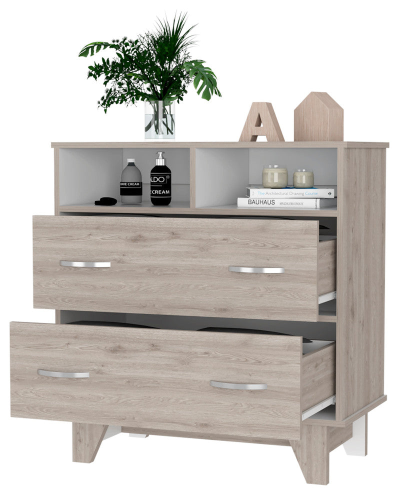 Portobelo Two Drawer Dresser, Two Shelves, Superior Top, Four Legs