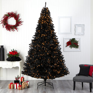10' Black Artificial Christmas Tree With 950 Clear LED Lights and 3056 Tips