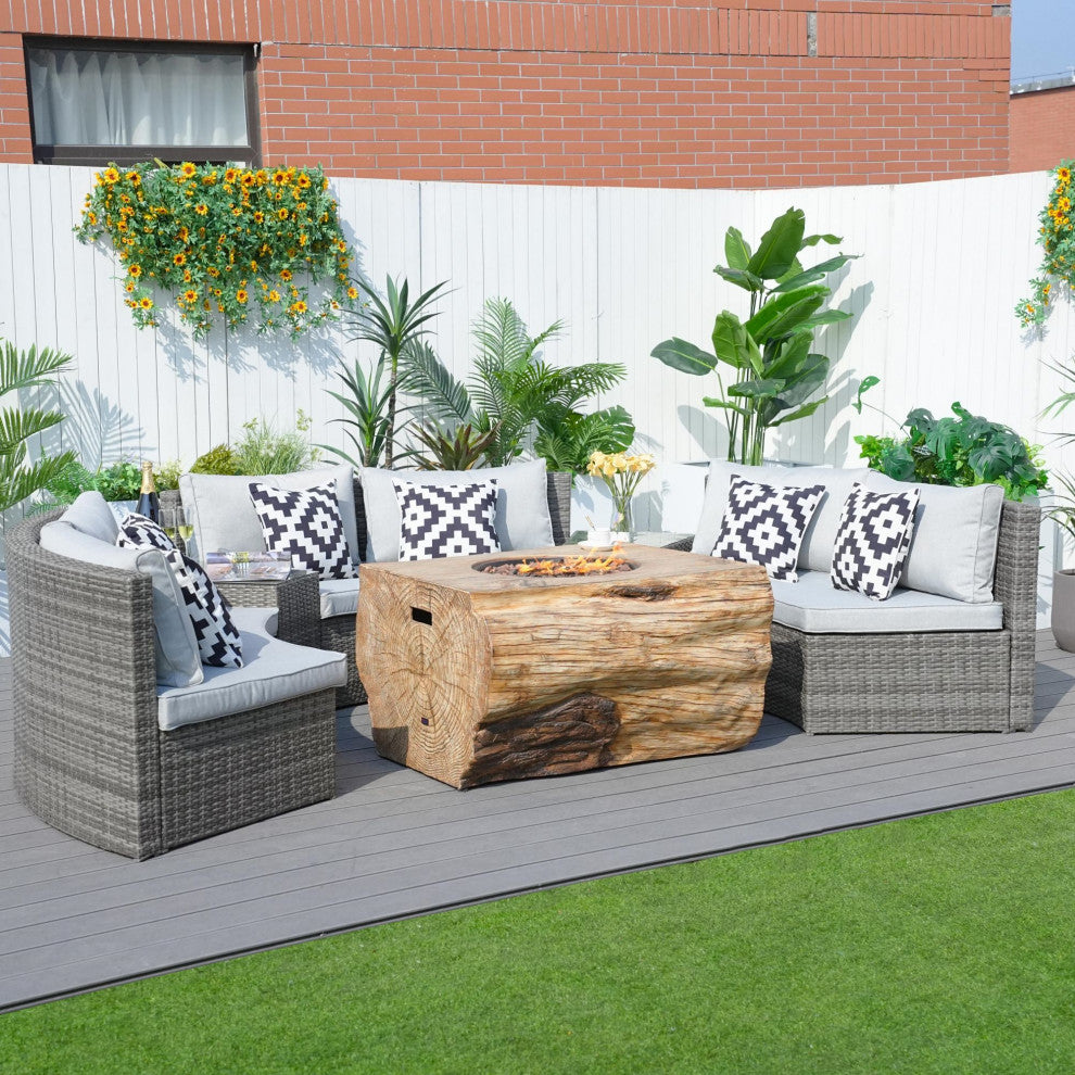 6-Piece Patio Halfmoon Shape Sectional Sofa Set With Fire Pit Table, Rectangle Firepit Table