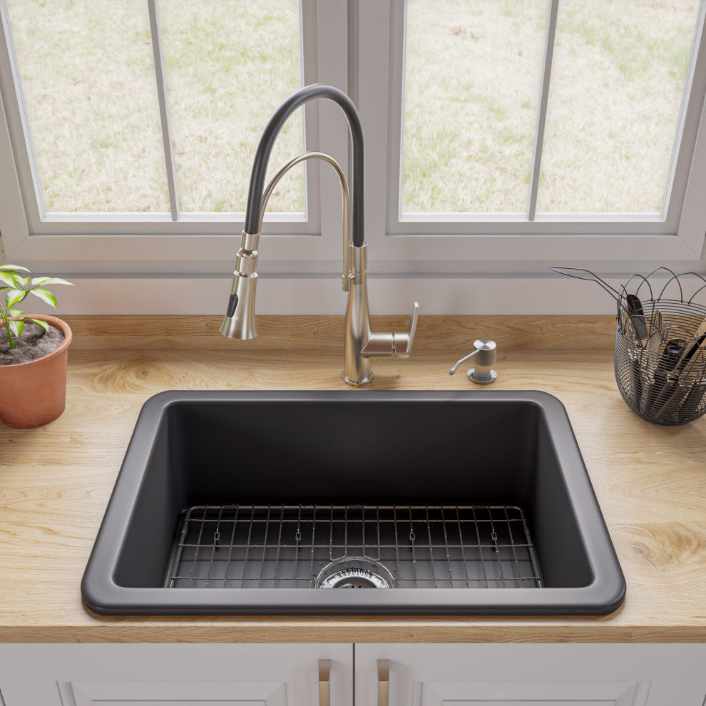 Undermount/Drop Fireclay Prep Sink, Black Matte, 27"x18", Square