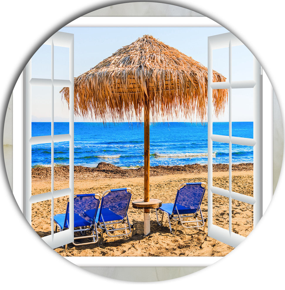 Window Open To Beach Hut With Chairs, Seashore Round Wall Art, 11"