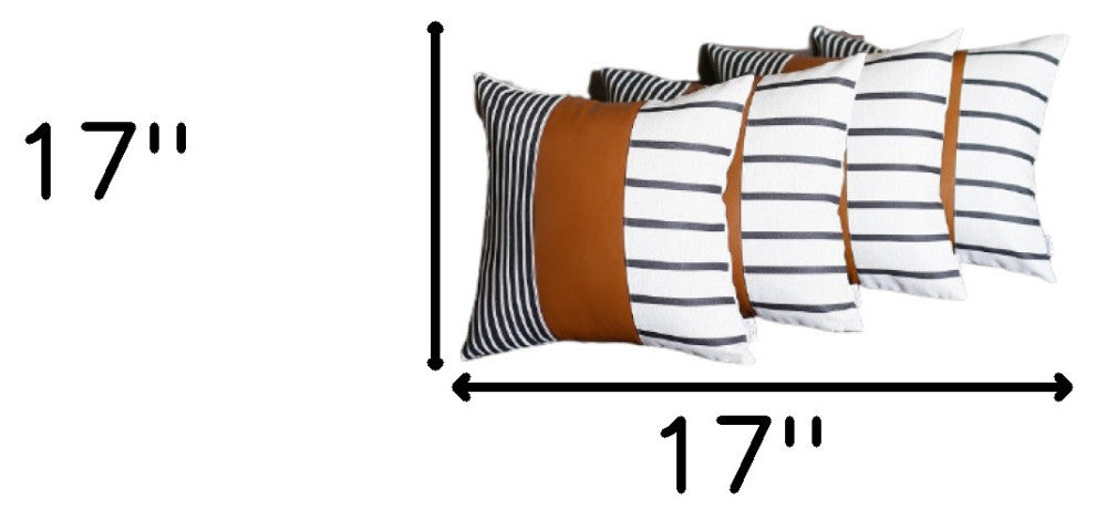 Set of 4 Blue and White Stripes With Faux Leather Pillow Covers