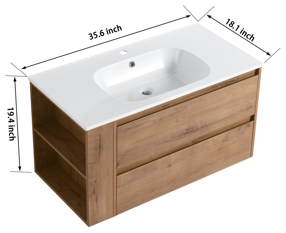 36" Plywood Wall Mounted Bath Vanity Set, Imitative Oak, Gel Basin
