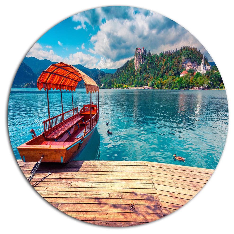 Boat In Lake Bled In Julian Alps, Landscape Art Round Wall Art, 23"