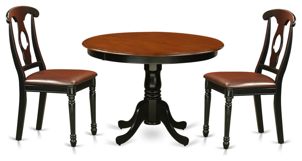 3 Pc Set, Round Dinette Table And 2 Leather Kitchen Chairs, White, Black