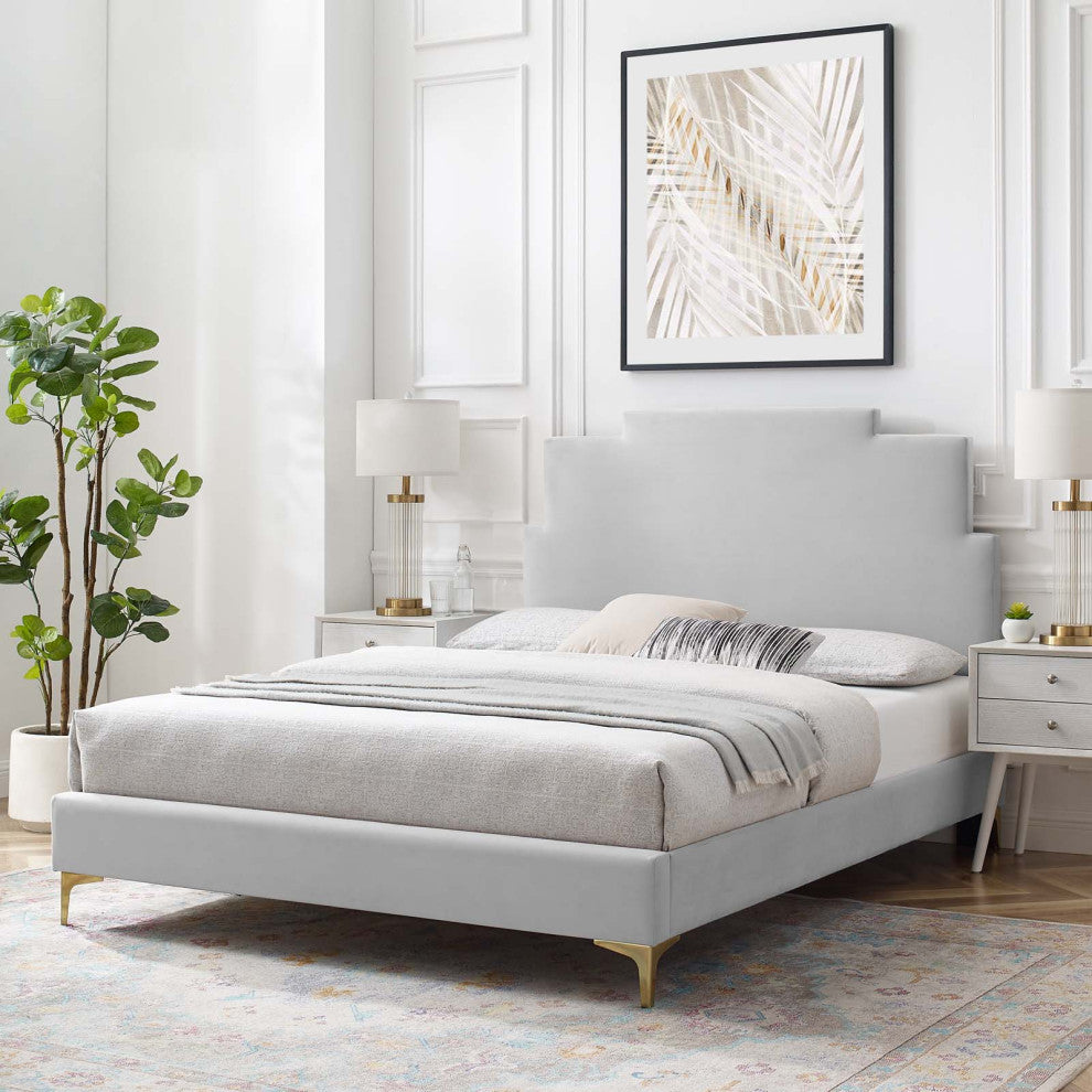 Platform Bed Frame, King Size, Velvet, Light Gray, Modern Contemporary