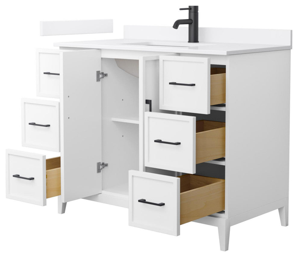 Elan 42" Single Vanity, White, White Quartz Top, 1-Hole, Black Trim