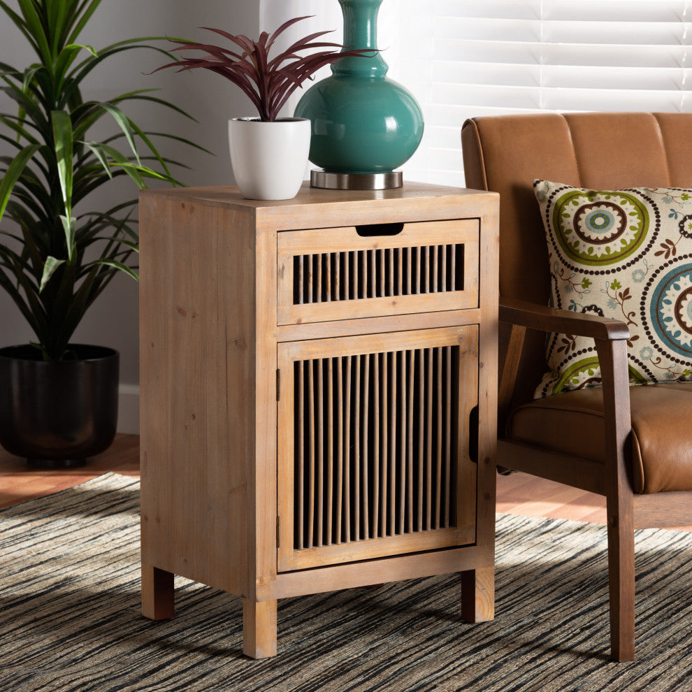 Kors Rustic Transitional Medium Oak 1-Door and 1-Drawer Wood Spindle Nightstand