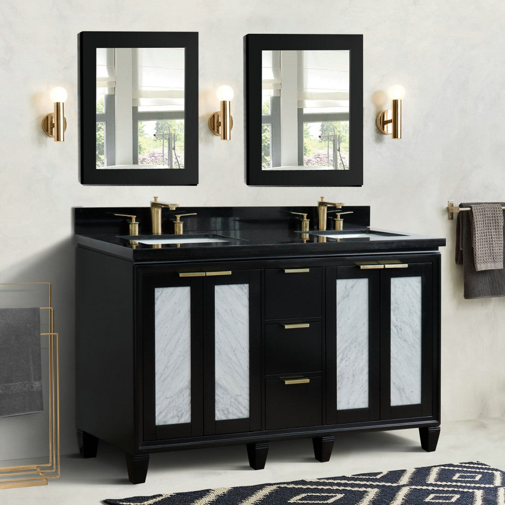 61" Double Sink Vanity, Black Finish With Black Galaxy Granite
