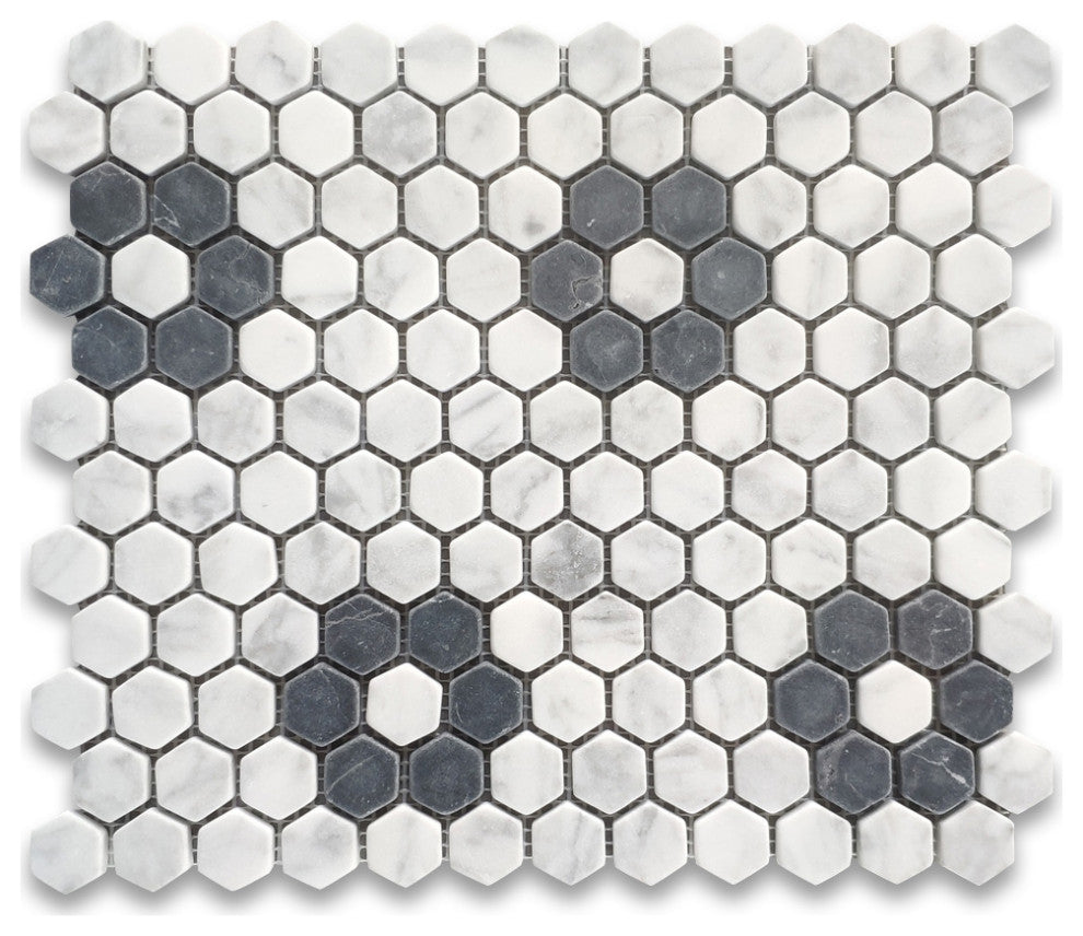 Carrara White Marble Rosette Hexagon NonSlip Floor Mosaic Tile Tumbled, 1 sheet
