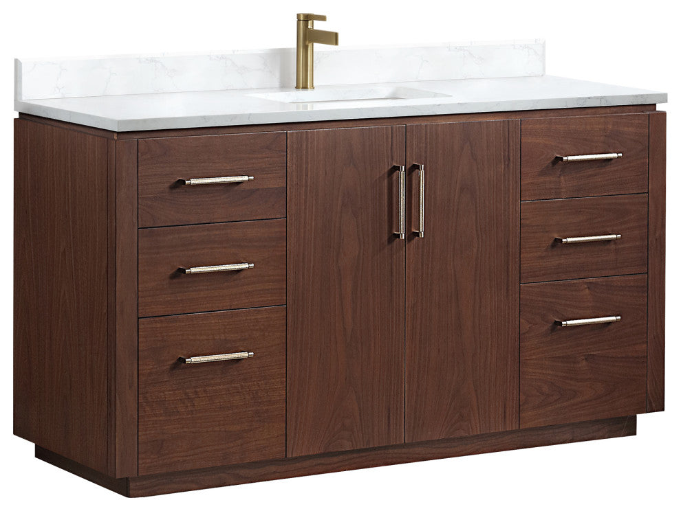 San Bath Vanity with Stone Top, Natural Walnut, 60" Single Sink, Single Vanity, No Mirror
