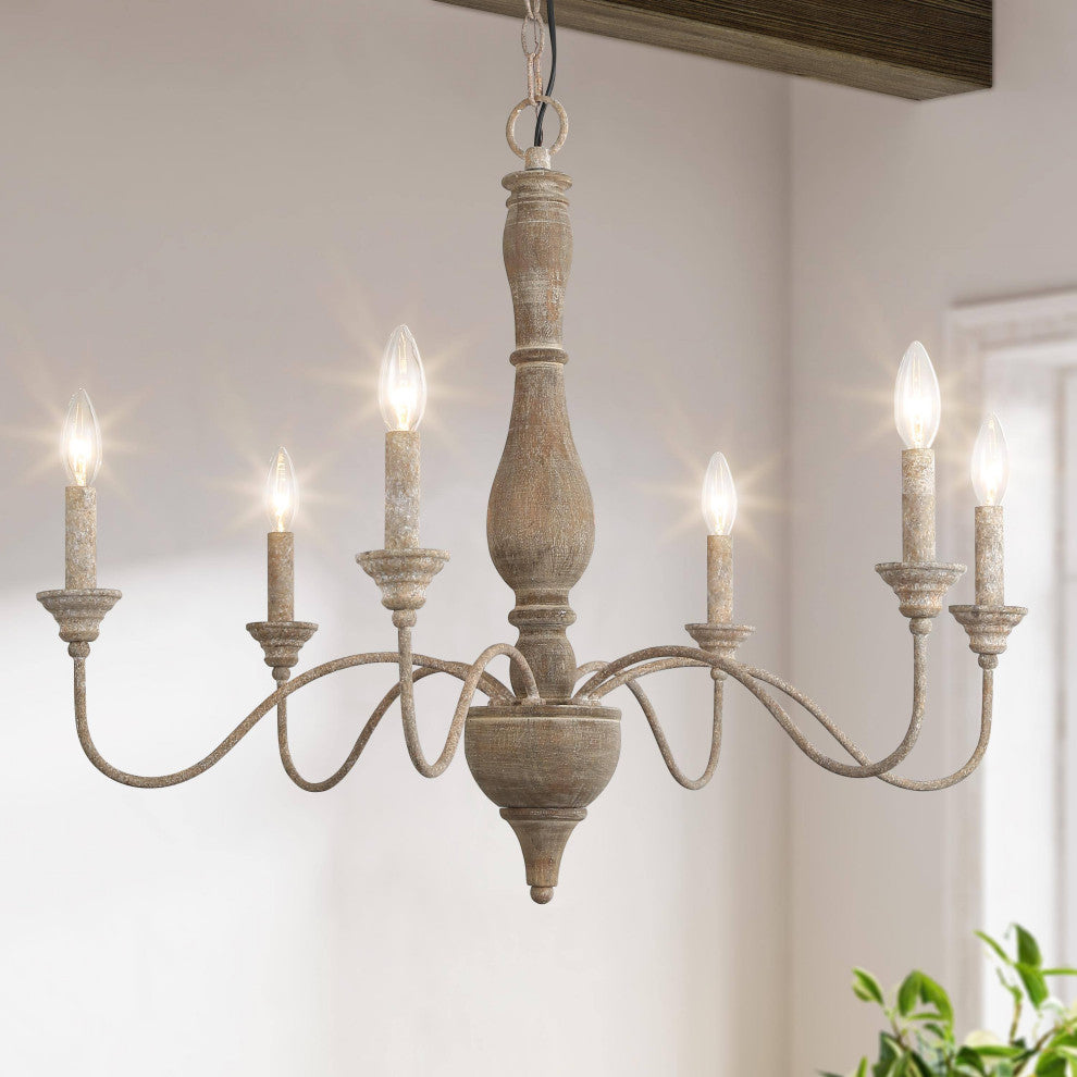 LALUZ 6-Light French Country Distressed White Wood Candle-Style Chandeliers