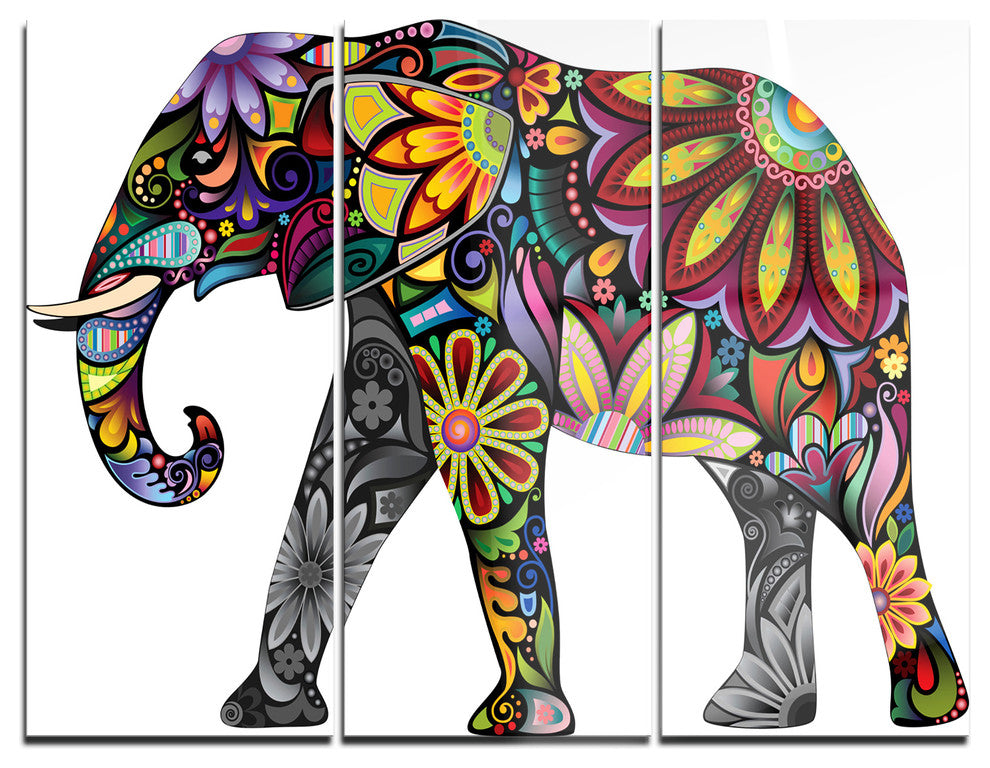 "Yellow Cheerful Elephant" Digital Metal Wall Art, 3 Panels, 36"x28"