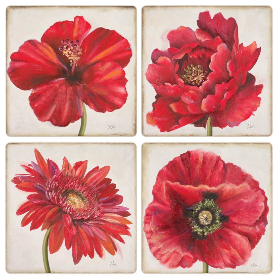 Red Florals Stone Coasters, Set of 8