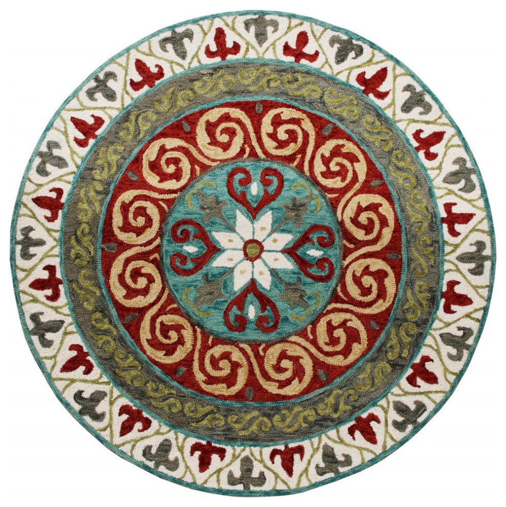 5??Round Red and Sage Medallion Area Rug