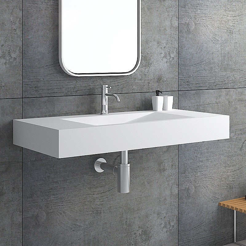 Wall-Mount Floating Sink Solid Surface Stone Resin Bathroom V-Shaped, Matte White