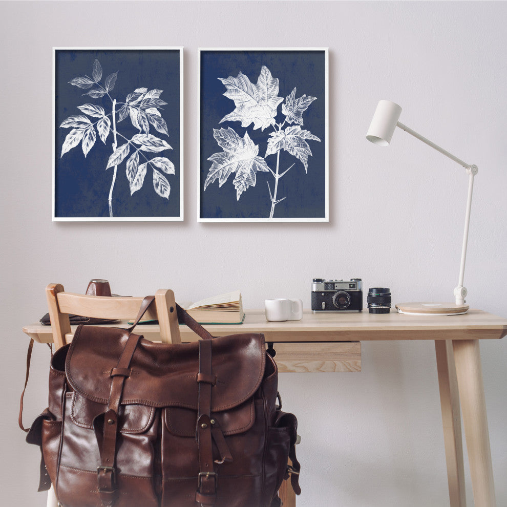 Maple Leaf Elm Stem Vintage Blue White Illustration,2pc, each 16 x 20