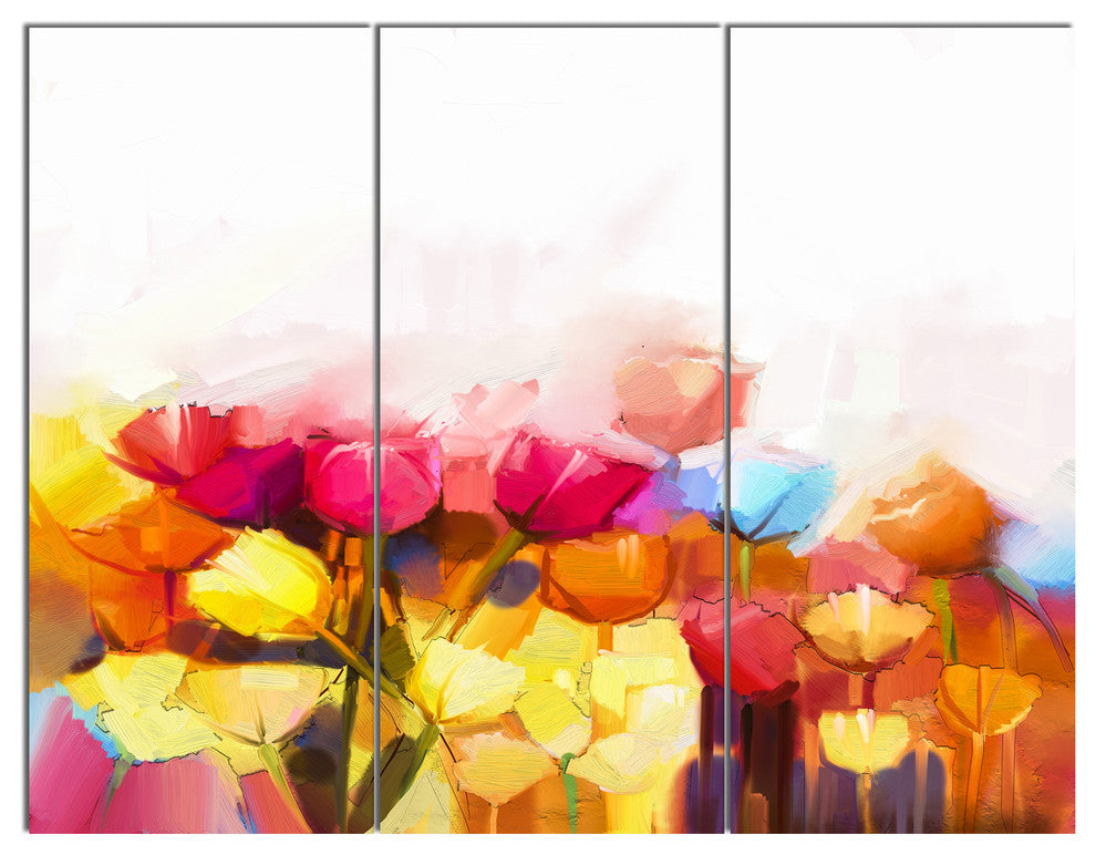Yellow Pink Red Tulips on White, Floral Triptych Canvas Artwork, 36x28, 3 Panels