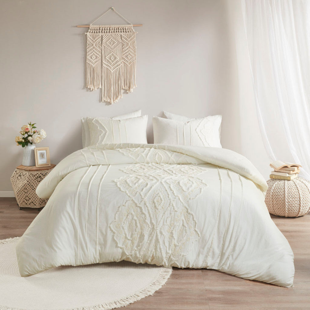 Madison Park Margot Geo Chenille 3-Piece Comforter/Duvet Cover Mini Set, Ivory