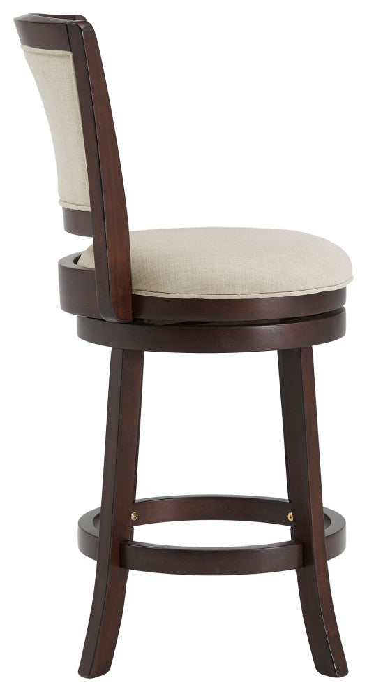 Janczy Dark Cherry Finish Beige Linen Swivel Chair, Counter Height