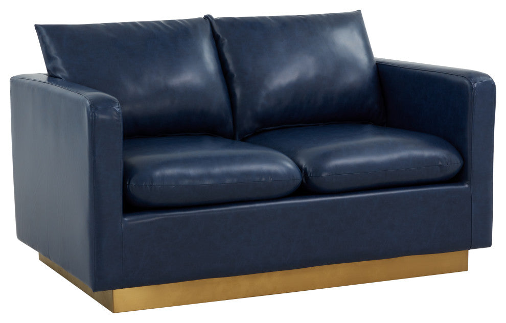 LeisureMod Nervo Modern Leather Loveseat With Gold Base, Navy Blue