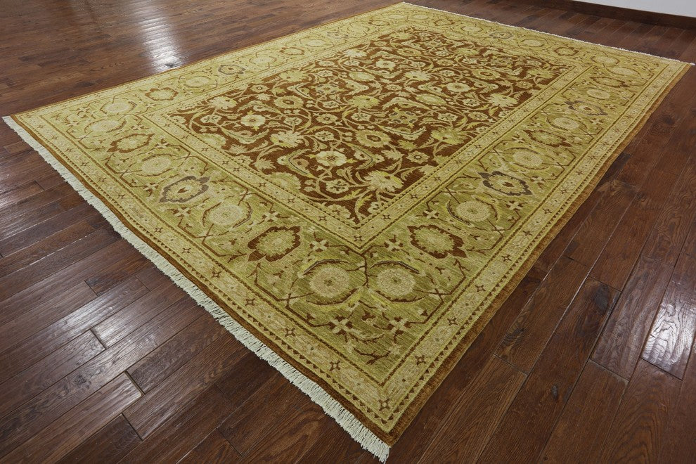 Oriental Oushak Ochre Hand-Knotted Chobi Peshawar Quality Wool Rug, 10'x14'