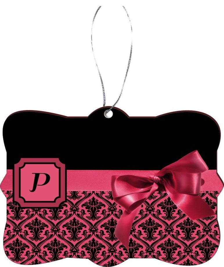 Letter P Red Damask Bow Design Rectangle Christmas Tree Ornament