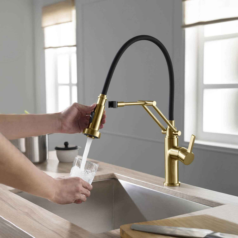 Engel Single Handle Pull Down Kitchen Faucet, Brushed Gold
