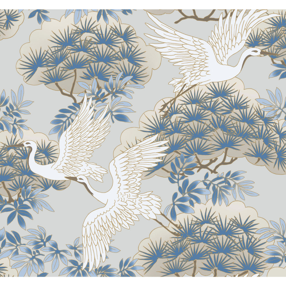 Sprig and Heron Light Blue Wallpaper