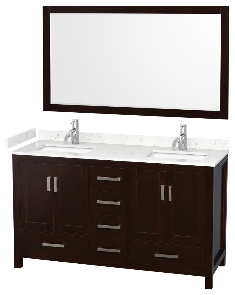 60"DBL Vanity Espresso, Carrara Cult. Marble Countertop, Sinks, 58"Mirror