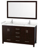 60"DBL Vanity Espresso, Carrara Cult. Marble Countertop, Sinks, 58"Mirror