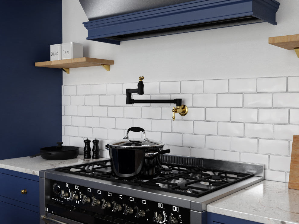 24" Wall Mounted Pot Filler With Dual Swivel, Matte Black and Brushed Gold