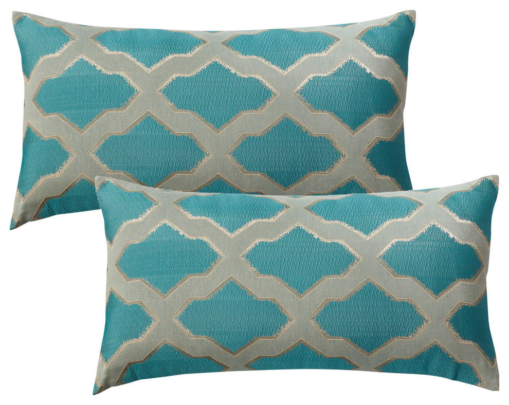 Safi Jacquard Lumbar 2 Pieces Pillow Shell Set, Deep Teal, 14"x26"