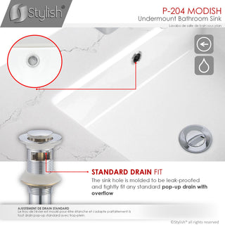 STYLISH 20" Rectangular Undermount Ceramic Bathroom Sink, 2 Overflow Finishes