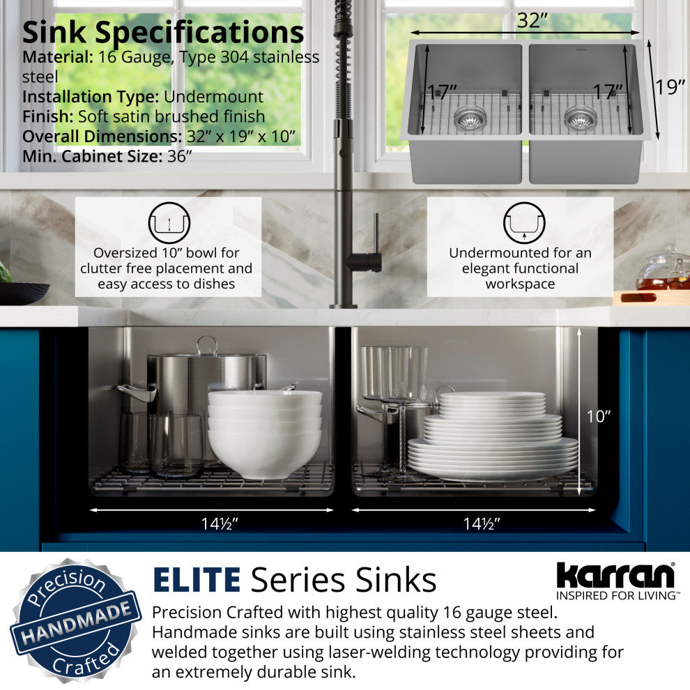 Karran 32" Undermount Double Equal Bowl Stainless Steel Kitchen Sink Kit