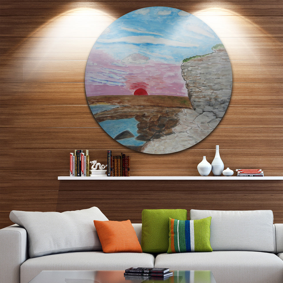 Sunset Seashore, Seascape Painting Round Wall Art, 23"