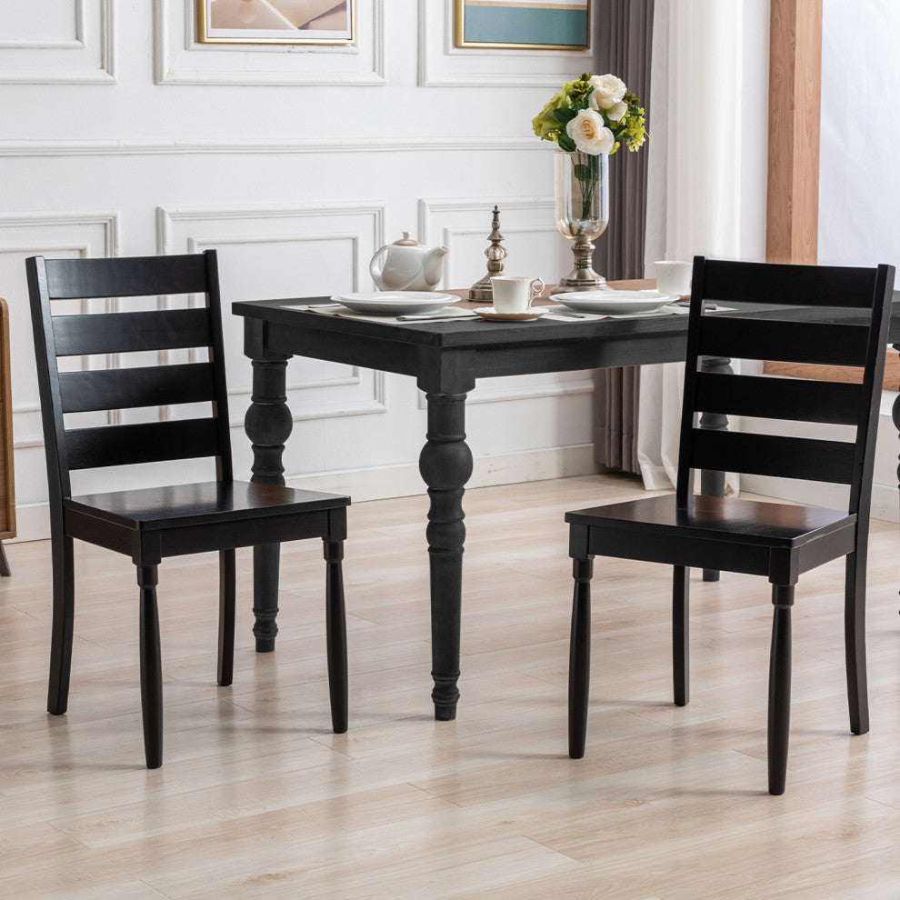 Ladder Back Wooden Chairs Set of 2, Black-Wood Seat