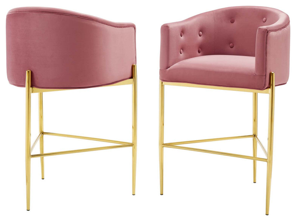 Tufted Bar Stool Chair Barstool, Set of 2, Velvet, Metal, Pink, Modern, Bar Pub