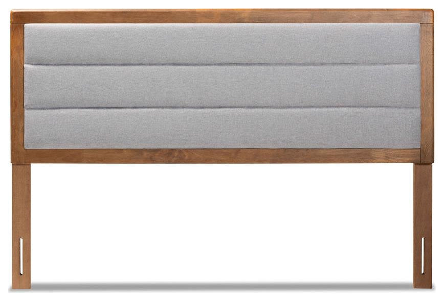 Light Grey Fabric Upholstered and Walnut Brown Finished Wood King Size Headboard