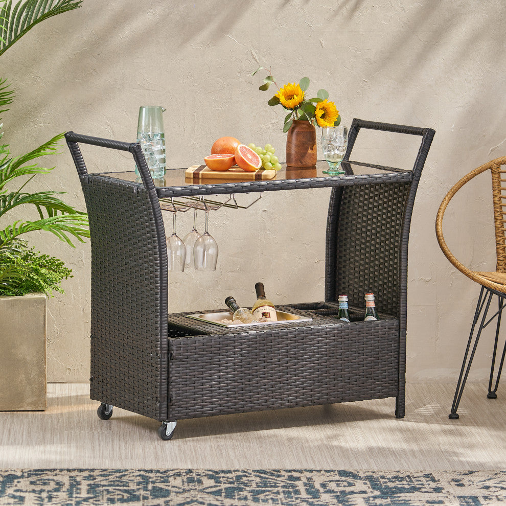 Benett Outdoor Wicker Bar Cart With Tempered Glass Top