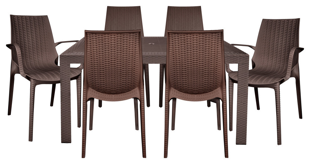 LeisureMod Kent 7-Piece Dining Set with 4 Side Chairs 2 Arm Chairs, Brown