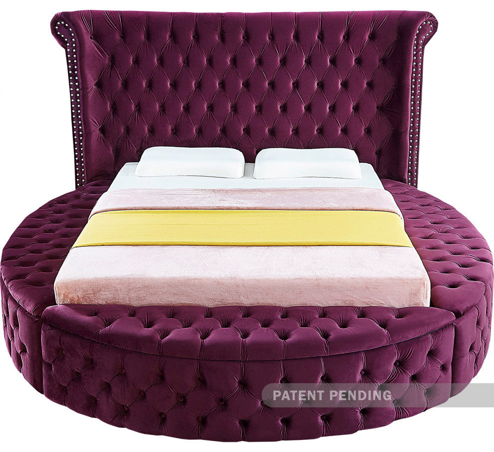 Luxus Button Tufted Velvet Round Bed, Purple, King