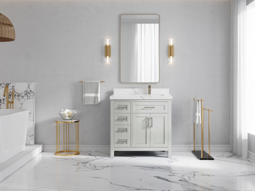 Cambridge 36 Right Offset Bath Vanity in Coventry Gray 2" Calacatta Laza