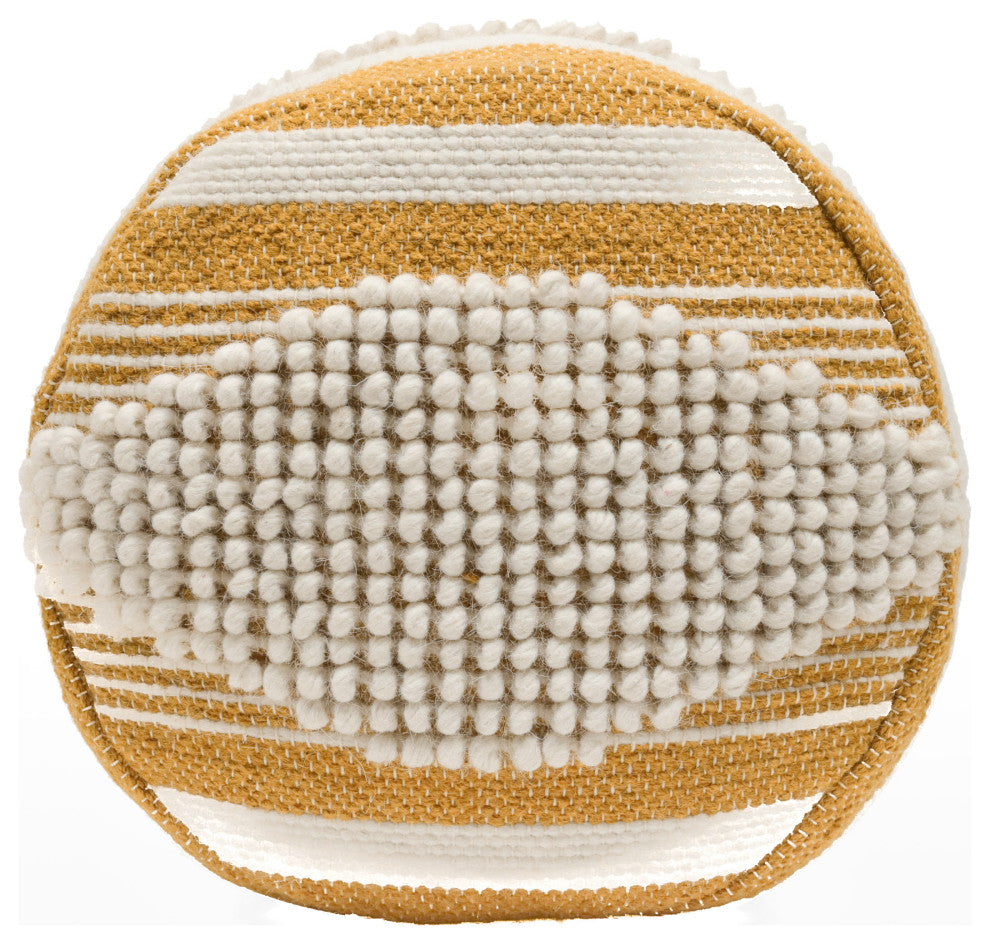 Villard Boho Handcrafted Fabric Cylinder Pouf, White + Mustard Yellow