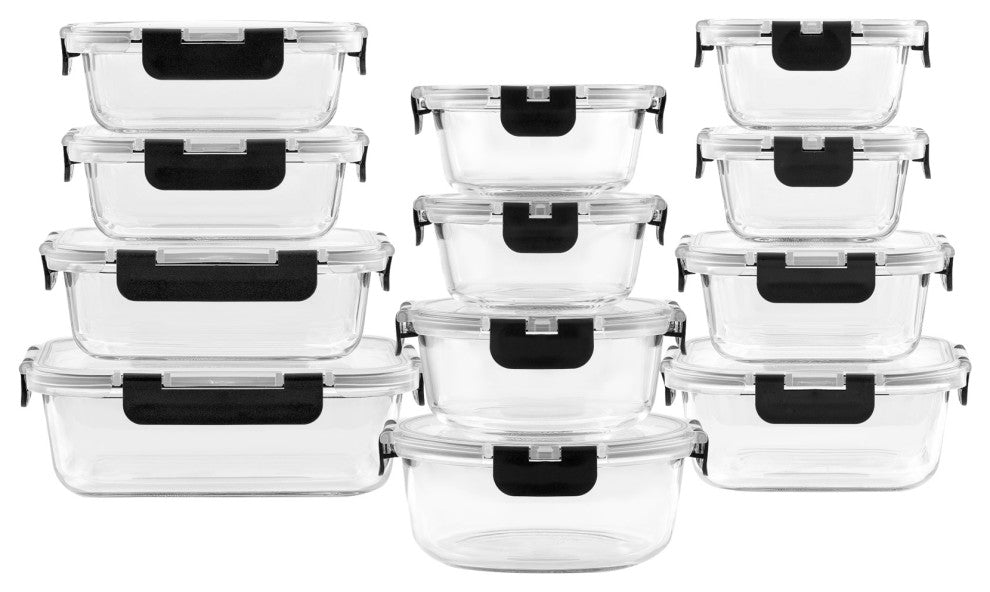 24 Piece Glass Storage Containers With Leakproof Lids Set Black